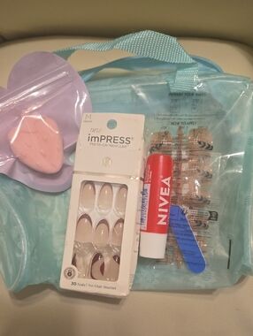 imPRESS Nude Press-On Nails with Burgundy Tip Accents and NIVEA Lip Balm